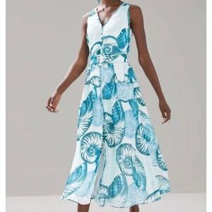 White House Black Market Fossil Scarf Print Midi Shirt Dress Sz 6 Blue Seashell